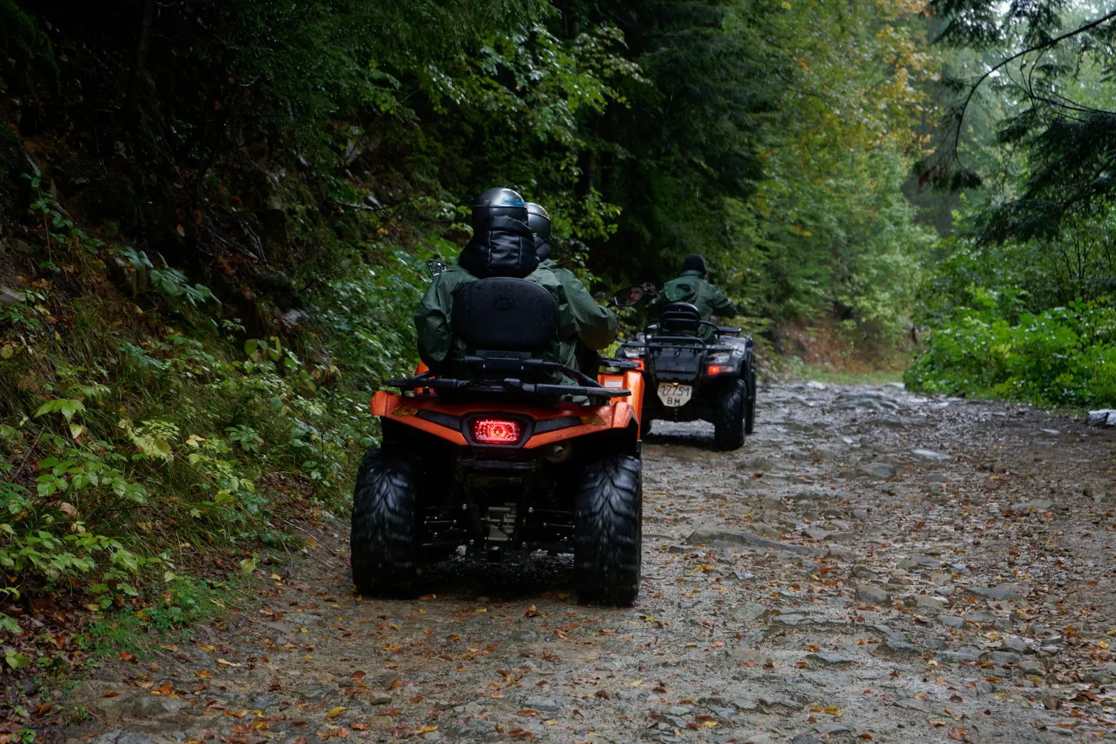 Two quad bikes travelling along a woodland dirt track
